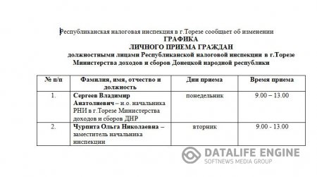 Республиканская налоговая инспекция в г.Торезе сообщает об изменении  ГРАФИКА ЛИЧНОГО ПРИЕМА ГРАЖДАН должностными лицами Республиканской налоговой инспекции в г.Торезе Министерства доходов и сборов Донецкой народной республики