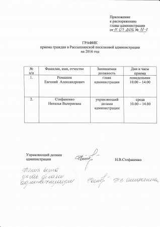 О внесении изменений в распоряжение главы администрации от 25.12.2015 № 33-р "Об утверждении графика приема граждан в Рассыпнянской поселковой администрации на 2016 год"