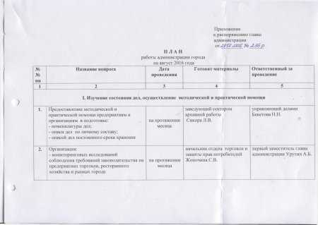 Об утверждении плана работы администрации города на август месяц 2016 года