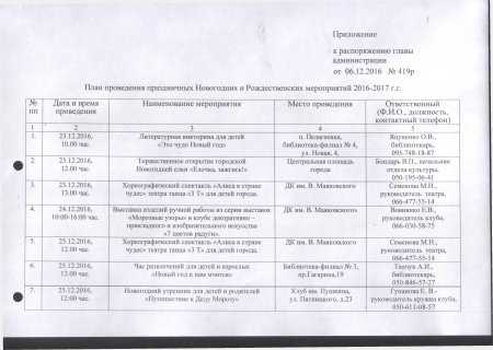 Об утверждении плана проведения праздничных Новогодних и Рождественских мероприятий 2016 - 2017 гг.